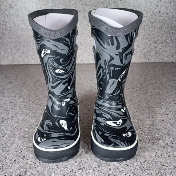 BOGS Rainboot Black Gray Ghost Spooky Kids Waterproof Shoes - Picture 3 of 9